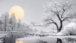 winter scenery of a snowy creek and the moon
