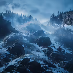 the dark night with clouds over trees and rocks