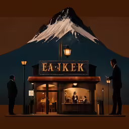 two men standing outside a restaurant in the middle of the night