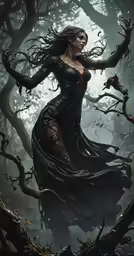 a woman in a long black dress holding a bat