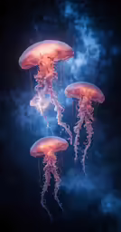 three jelly fish floating on top of water