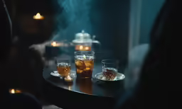 two glasses of alcohol sit on a table