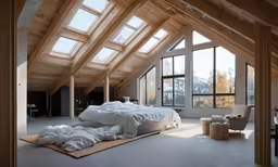 a very big bed in a big attic