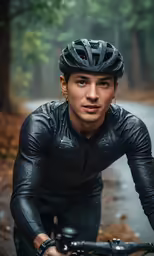a man riding on the back of a bike through the woods