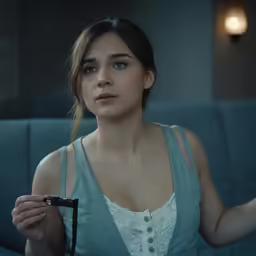 a woman holding something with one hand and looking at another