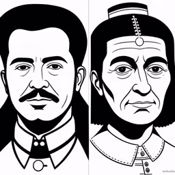 the three main characters in a movie with their black and white faces,two cartoon portraits of president obama and general juan i castro,two identical portrait images of two men,two identical men are shown in black and white,two black and white pictures of two men