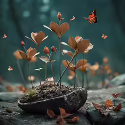 a rock with a plant with small leaves and butterflies on it
