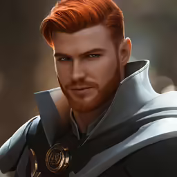 a man in armor with a beard, and red hair