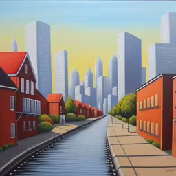 a painting of a cityscape with a river running through it