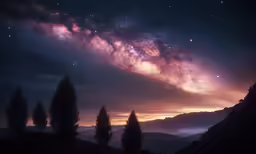 there is a night sky with a purple and yellow star