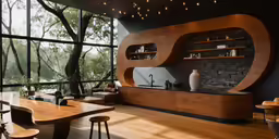 the inside of a building with tables and chairs