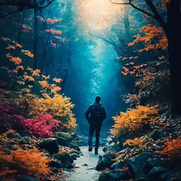 man walking up a trail in a forest, towards the sun