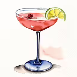 a painting of a wine glass filled with alcohol,a painting of a pink drink in a glass with a lime,the painting is of a cocktail glass on a plate,a glass with a liquid, a lime, and cherries,watercolor drawing of an alcoholic beverage on white paper