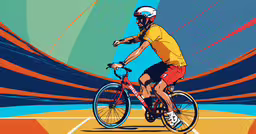 a person riding a bicycle while wearing red shorts,an artist wearing yellow riding a bike on an abstract background