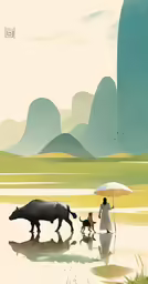 a woman with an umbrella walks her dogs on the beach