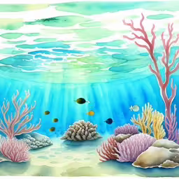 an image of an underwater scene with corals and fish,a watercolor painting of an underwater coral reef with school of fish,an underwater scene of corals, sponges and fish,a painting of corals and seaweed in the ocean,an image of underwater scene with corals and other marine life