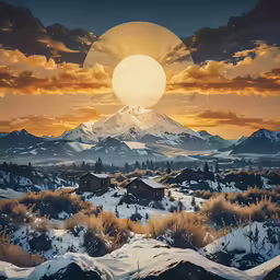 an illustration of a mountain sunset with snow covered bushes