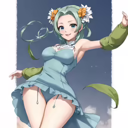 a girl with green hair and an ear band is holding a tennis racket