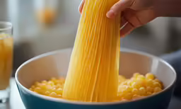a hand is using an odd looking pasta to get the food out