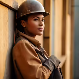 a woman wearing a helmet standing against the wall
