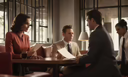 some people at a table with paperwork and two women