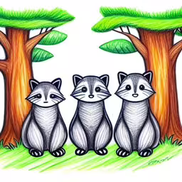 four raccons standing under trees on the grass