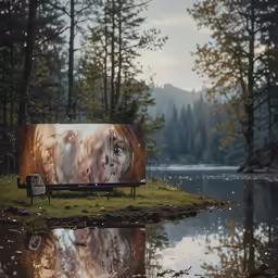 a large poster sitting on the side of a lake