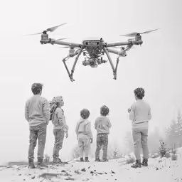 people standing around looking at a large black and white camera attached to a ski lift