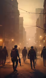 group of men walking down a road at night,group of soldiers walking in a city street