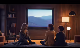 three women sitting on a bed watching television