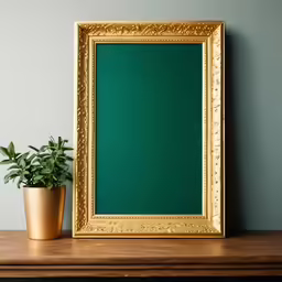 a green framed picture on top of a wooden dresser