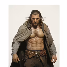 an image of a man with long hair wearing a brown costume