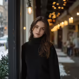 a woman stands in the city near a building