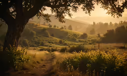 the light is shining on the green hills