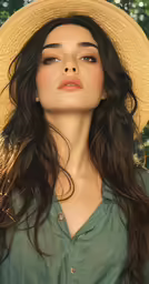 a young woman with long hair wearing a straw hat