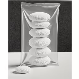 stacked white bath balls in clear plastic bag on countertop
