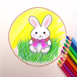 a drawing of a bunny with a ribbon,a white rabbit is in the grass with a pink bow tie