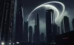 a futuristic city with a ring of lights over the skyline
