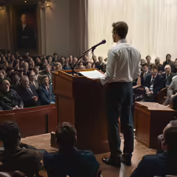 the speaker stands in front of a large crowd