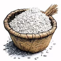 a wooden bowl full of white speckled rocks