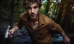 the man with his hand on a beer bottle is posing for a picture in the forest