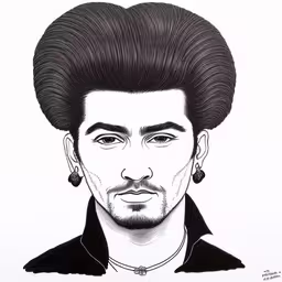 an ink drawing of elvis elvis with black hair and piercings,a drawing of a person with a big head and long hair,a drawing of the faces of people with hair,drawing portrait of celebrity james lewis,a portrait of a man with a hairdoodle