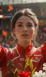 an olympic swimmer celebrating with a red jacket and flowers