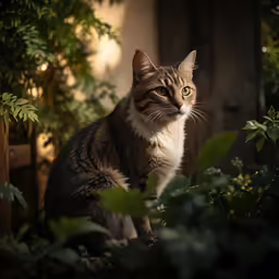 a cat sits looking towards the camera as it stands amongst foliage
