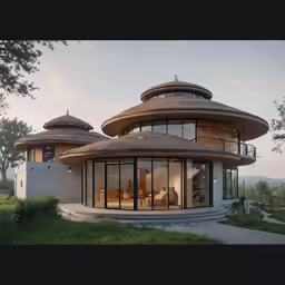 an unusual, round house sits on top of grass
