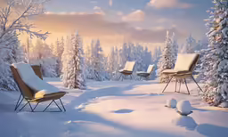 several chairs covered with snow in front of trees