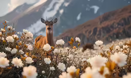 there is a deer that is standing near some flowers