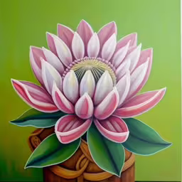 this painting of a large flower in a basket has leaves,this is a painting of a flower on a green background