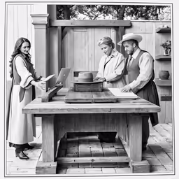 two people with hats standing near a table with a laptop