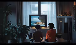 two people are sitting in front of a flat screen tv